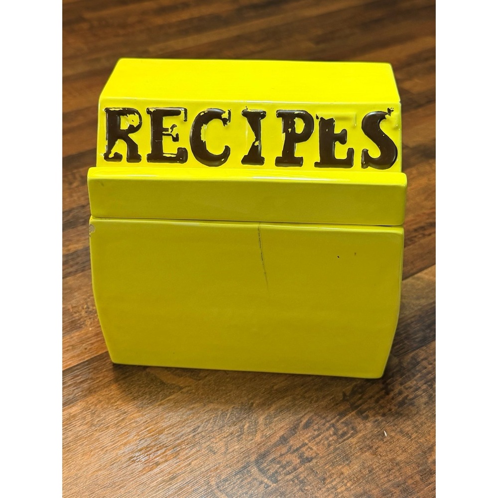 Vintage Yellow Ceramic Recipe Box card file and recipe holder.